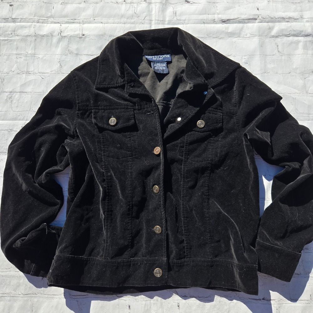 Vintage 90s y2k Black Cotton velvet Trucker Jacket blazer Medium goth whimsigoth - Picture 1 of 3
